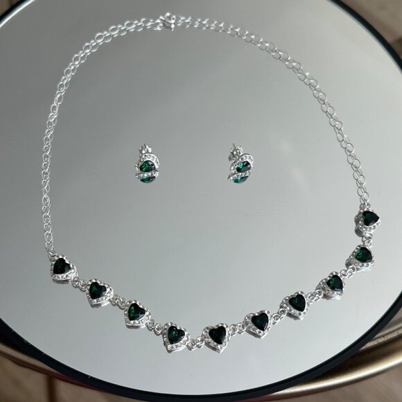 Sterling Silver 925 Choker Heart Green Zircons Stunning Set & Earrings - Picture 9 of 12